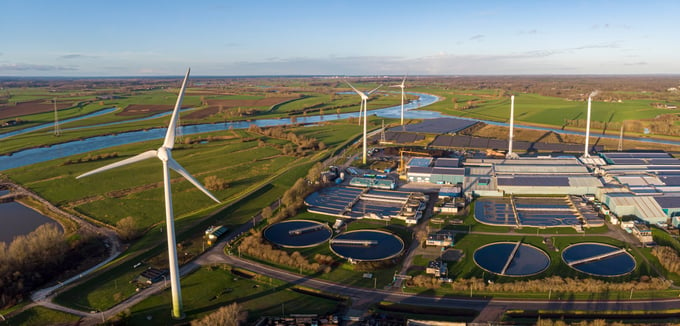 Windmills in a green landscape with a industrial company